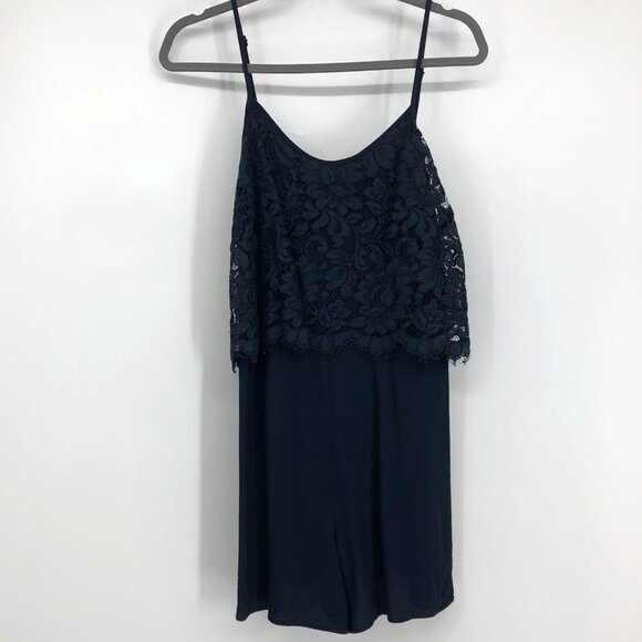 Sandro Paris Navy Blue Viscose  Lace Overlay Sleeveless Romper adjustable straps - Picture 15 of 16
